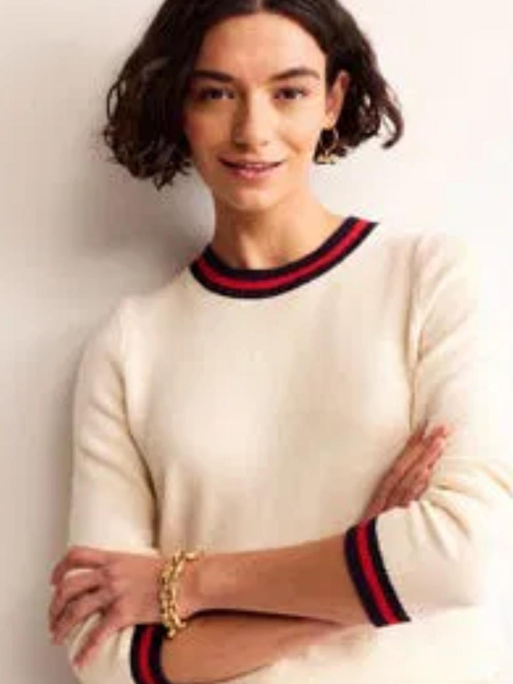 Boden Cream Crewneck Sweater with Red and Black Stripe Trim